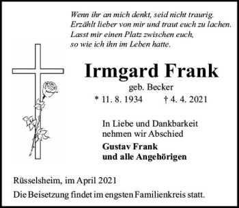 Traueranzeige von Irmgard Frank von vrm-trauer