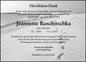 Traueranzeige von Jeannette Ruschitschka von vrm-trauer