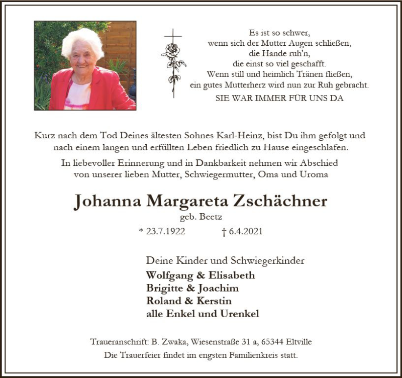  Traueranzeige für Johanna Zschächner vom 10.04.2021 aus vrm-trauer