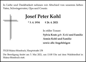 Traueranzeige von Josef Peter Kohl von vrm-trauer