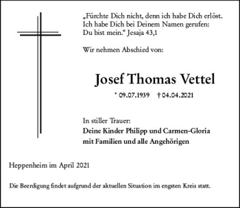 Traueranzeige von Josef Thomas Vettel von vrm-trauer