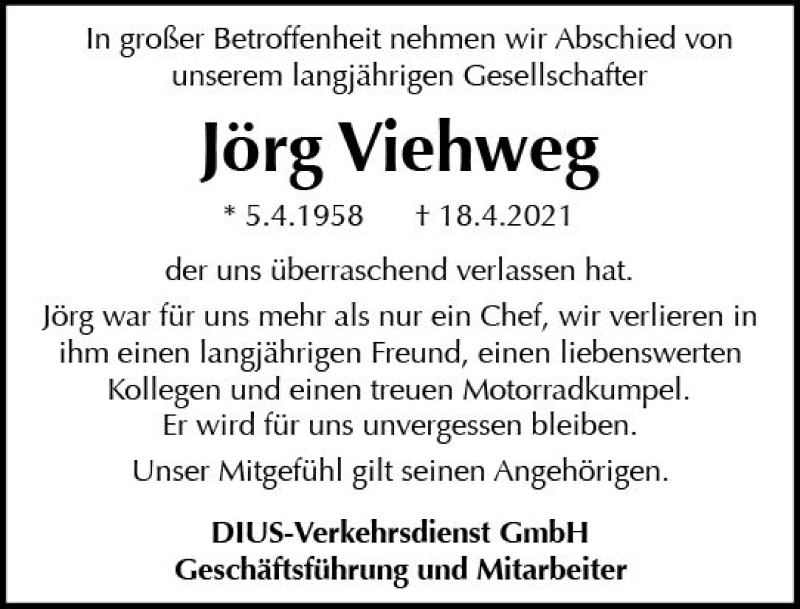 Traueranzeige für Jörg Viehweg vom 30.04.2021 aus vrm-trauer