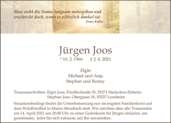 Traueranzeige von Jürgen Joos von vrm-trauer