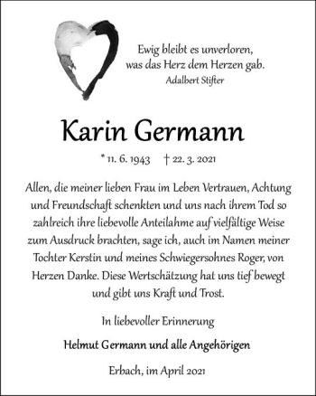 Traueranzeige von Karin Germann von vrm-trauer