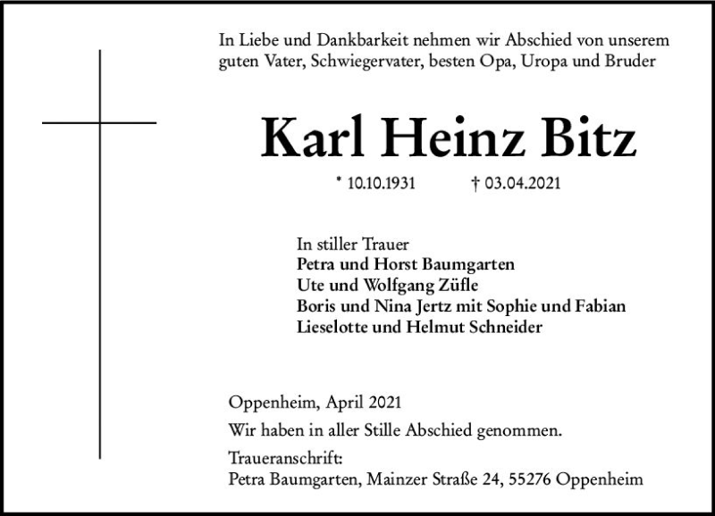  Traueranzeige für Karl Heinz Bitz vom 10.04.2021 aus vrm-trauer
