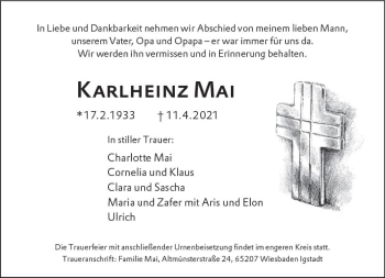 Traueranzeige von Karlheinz Mai von vrm-trauer