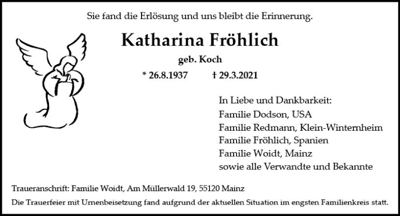  Traueranzeige für Katharina Fröhlich vom 24.04.2021 aus vrm-trauer
