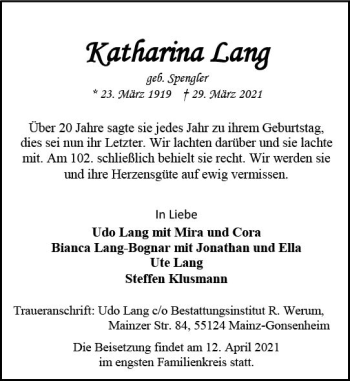 Traueranzeige von Katharina Lang von vrm-trauer
