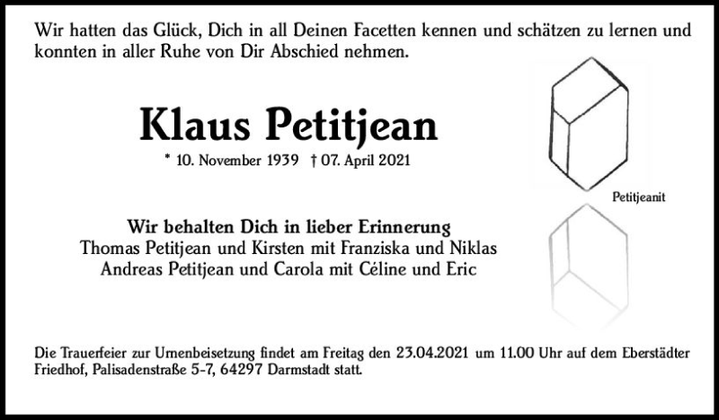  Traueranzeige für Klaus Petitjean vom 17.04.2021 aus vrm-trauer