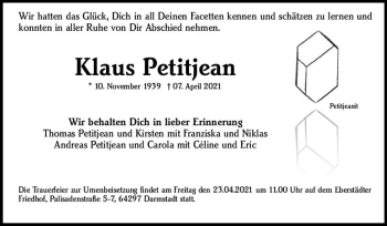 Traueranzeige von Klaus Petitjean von vrm-trauer