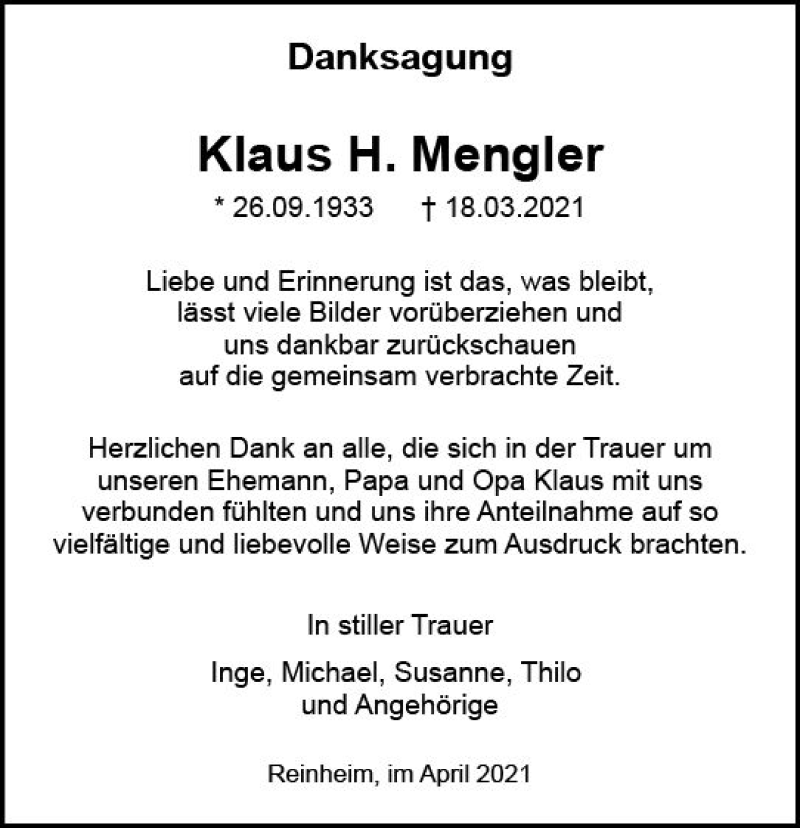  Traueranzeige für Klaus H. Mengler vom 24.04.2021 aus vrm-trauer