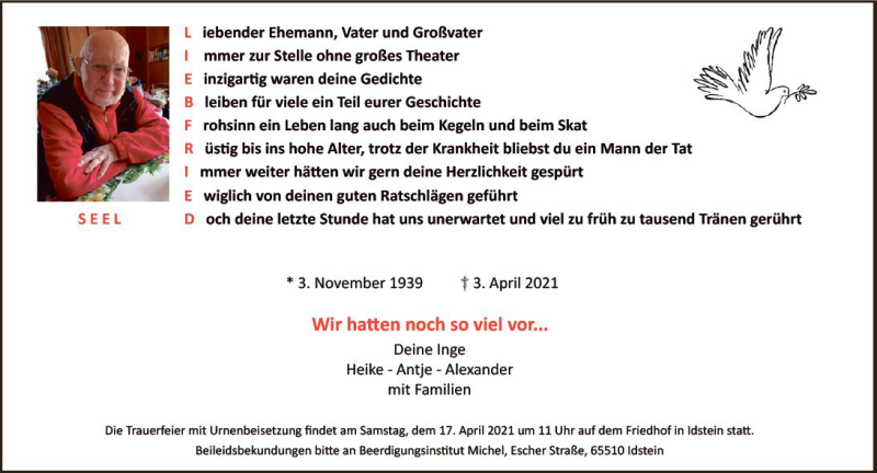  Traueranzeige für Liebfried Seel vom 10.04.2021 aus vrm-trauer