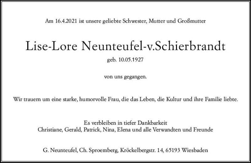  Traueranzeige für Lise-Lore Neunteufel-v.Schierbrandt vom 21.04.2021 aus vrm-trauer