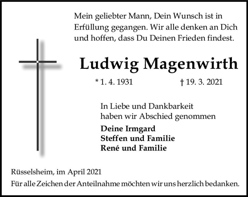  Traueranzeige für Ludwig Magenwirth vom 17.04.2021 aus vrm-trauer