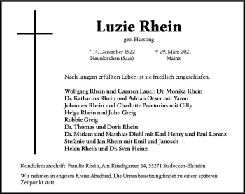 Traueranzeige von Luzie Rhein von vrm-trauer
