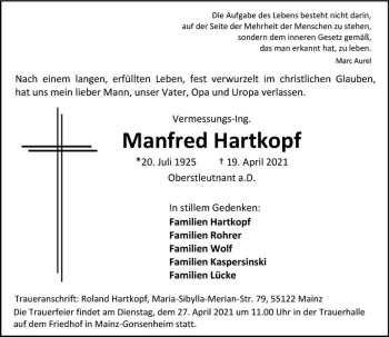 Traueranzeige von Manfred Hartkopf von vrm-trauer