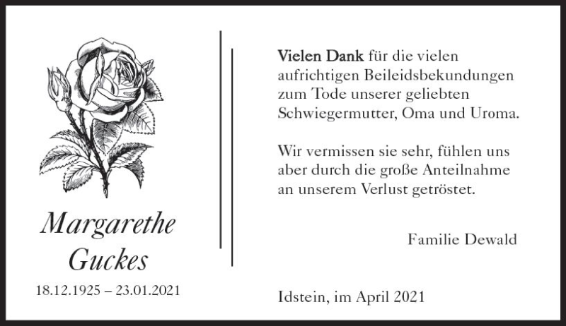  Traueranzeige für Margarete Guckes vom 03.04.2021 aus vrm-trauer