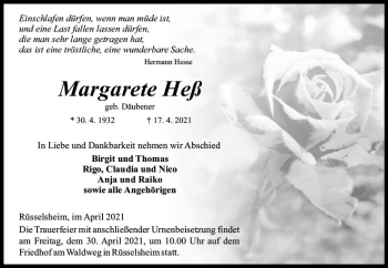 Traueranzeige von Margarete Heß von vrm-trauer