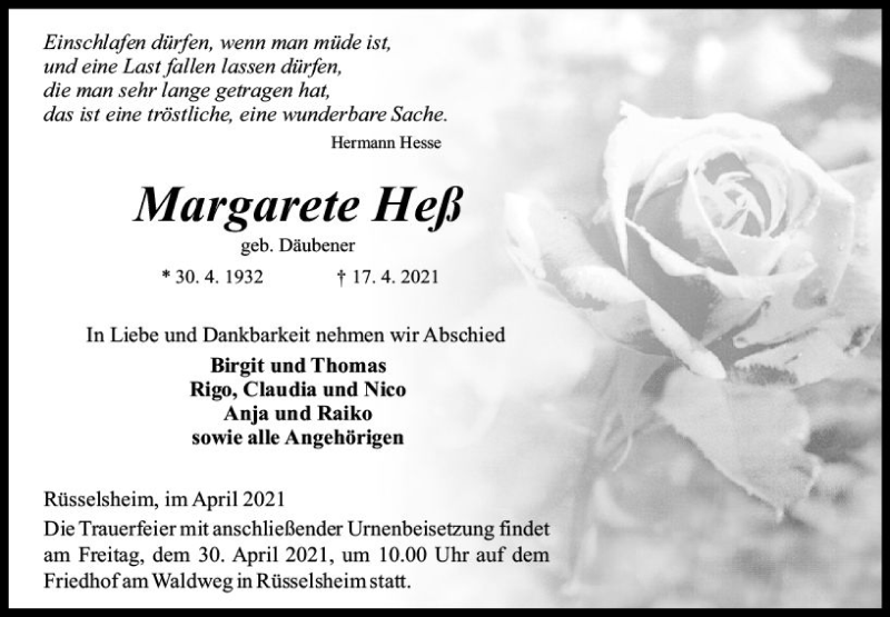  Traueranzeige für Margarete Heß vom 24.04.2021 aus vrm-trauer