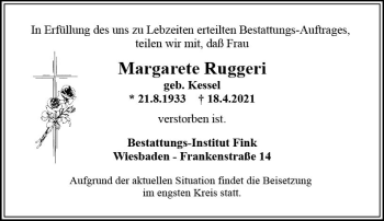 Traueranzeige von Margarete Ruggeri von vrm-trauer