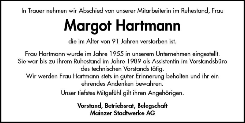 Traueranzeige für Margot Hartmann vom 29.04.2021 aus vrm-trauer