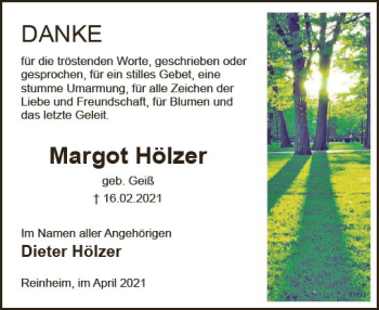 Traueranzeige von Margot Hölzer von vrm-trauer