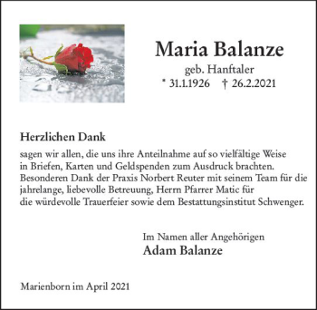 Traueranzeige von Maria Balanze von vrm-trauer