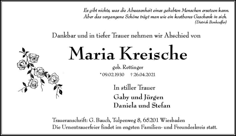  Traueranzeige für Maria Kreische vom 30.04.2021 aus vrm-trauer