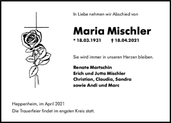 Traueranzeige von Maria Mischler von vrm-trauer