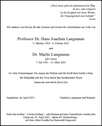 Traueranzeige von Marlies Langmann von vrm-trauer