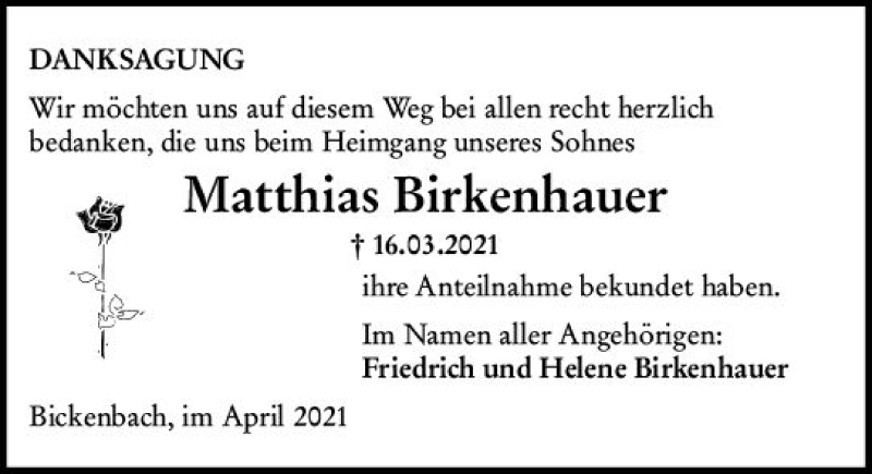  Traueranzeige für Matthias Birkenhauer vom 30.04.2021 aus vrm-trauer