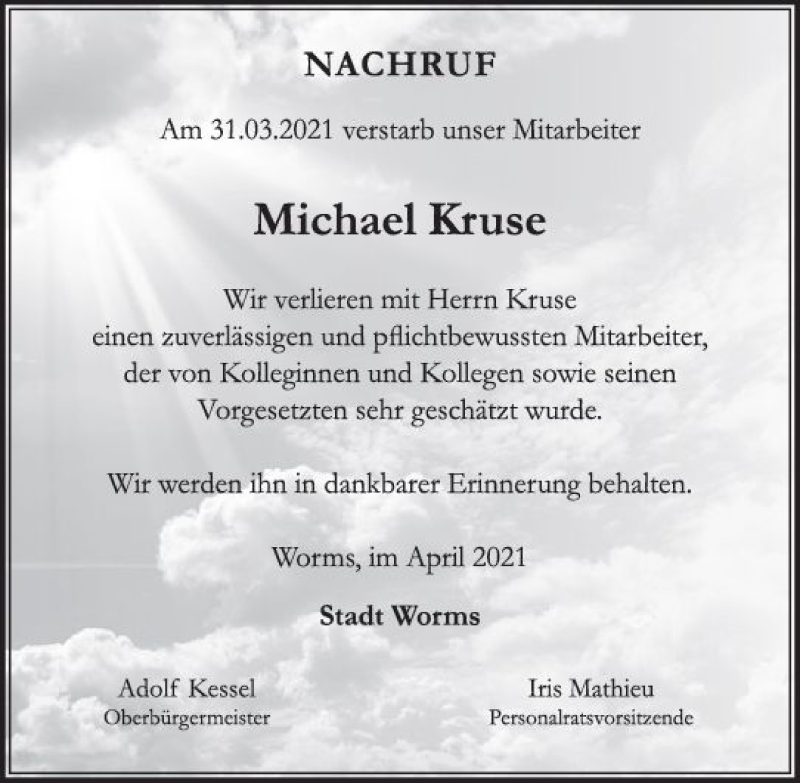  Traueranzeige für Michael Kruse vom 15.04.2021 aus vrm-trauer