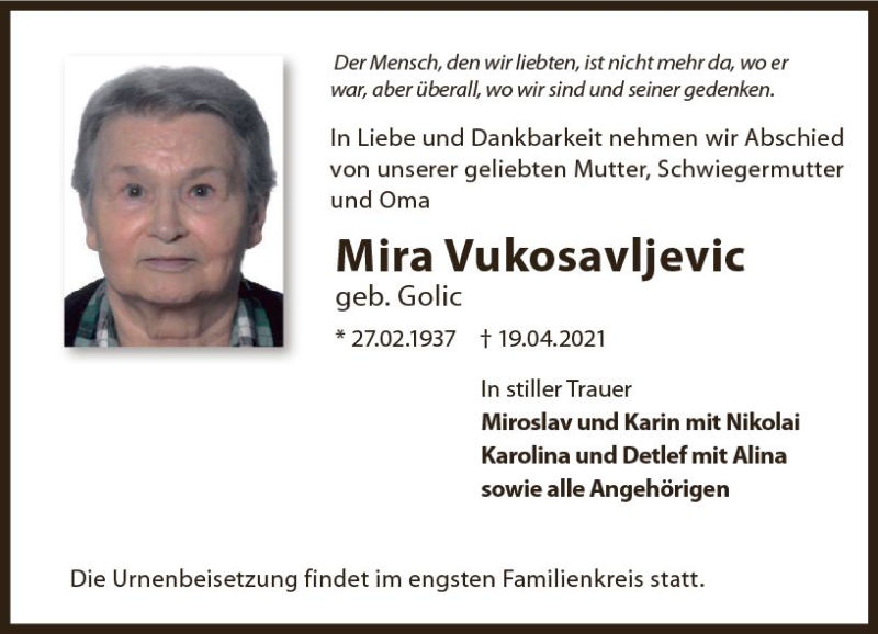  Traueranzeige für Mira Vukosavljevic vom 24.04.2021 aus vrm-trauer