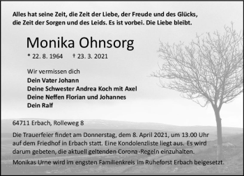 Traueranzeige von Monika Ohnsorg von vrm-trauer