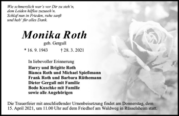 Traueranzeige von Monika Roth von vrm-trauer