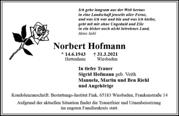 Traueranzeige von Norbert Hofmann von vrm-trauer