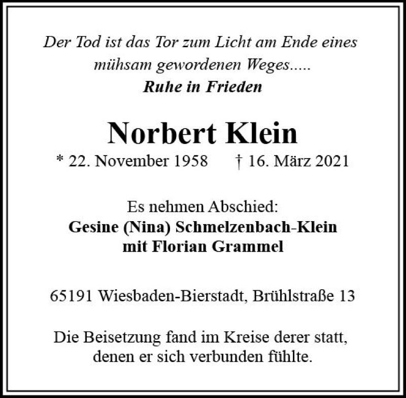  Traueranzeige für Norbert Klein vom 17.04.2021 aus vrm-trauer