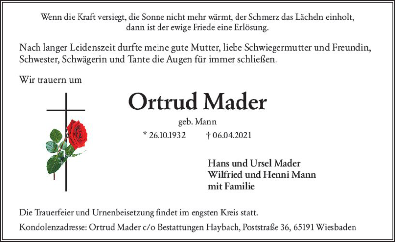  Traueranzeige für Ortrud Mader vom 10.04.2021 aus vrm-trauer