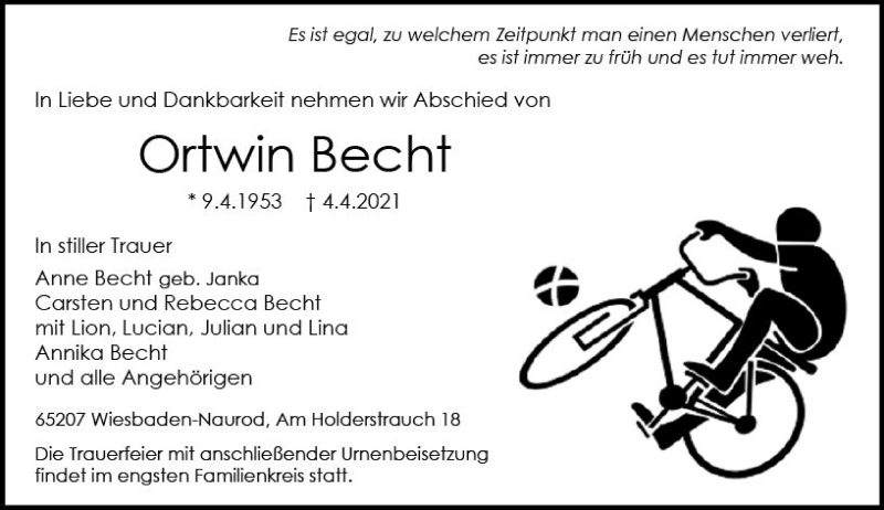  Traueranzeige für Ortwin Becht vom 10.04.2021 aus vrm-trauer
