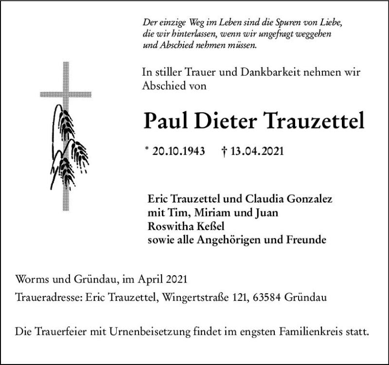  Traueranzeige für Paul Dieter Trauzettel vom 17.04.2021 aus vrm-trauer