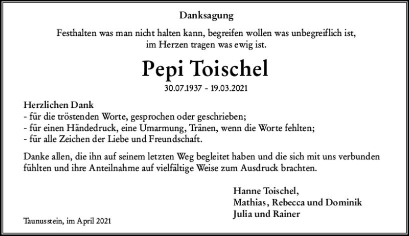 Traueranzeige für Pepi Toischel vom 10.04.2021 aus vrm-trauer