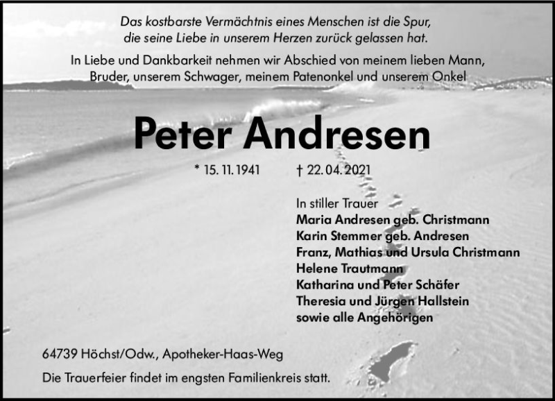 Traueranzeige für Peter Andresen vom 30.04.2021 aus vrm-trauer
