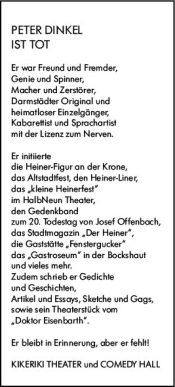 Traueranzeige von Peter Dinkel von vrm-trauer
