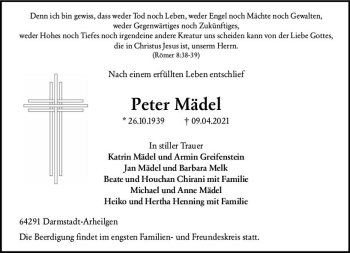 Traueranzeige von Peter Mädel von vrm-trauer