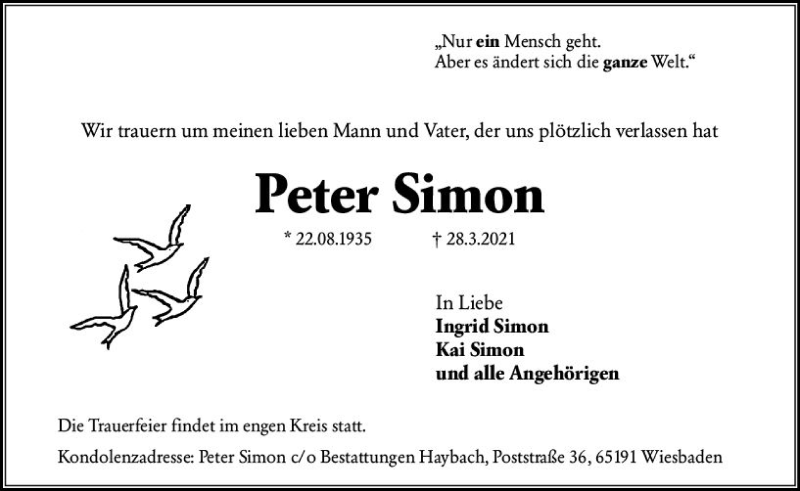  Traueranzeige für Peter Simon vom 03.04.2021 aus vrm-trauer
