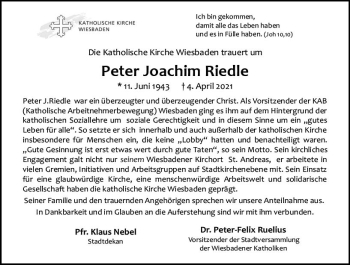 Traueranzeige von Peter Joachim Riedle von vrm-trauer