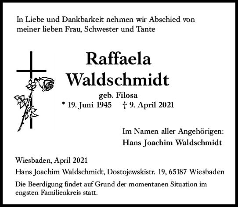  Traueranzeige für Raffaela Waldschmidt vom 17.04.2021 aus vrm-trauer