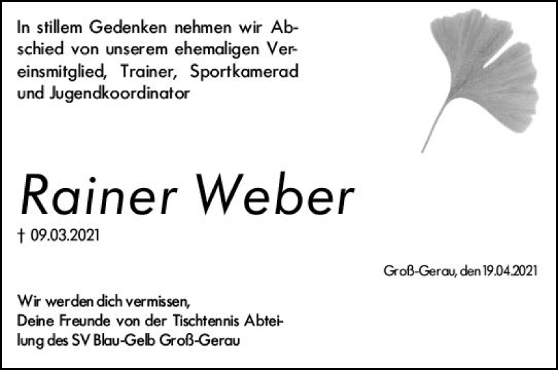  Traueranzeige für Rainer Weber vom 24.04.2021 aus vrm-trauer