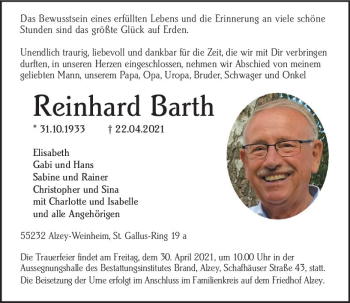 Traueranzeige von Reinhard Barth von vrm-trauer