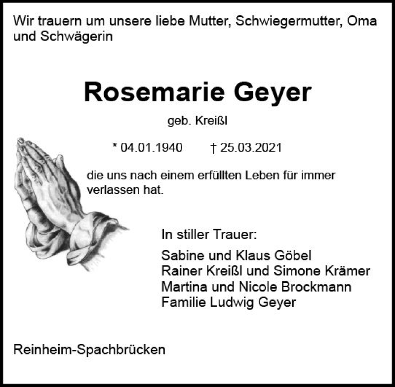  Traueranzeige für Rosemarie Geyer vom 03.04.2021 aus vrm-trauer